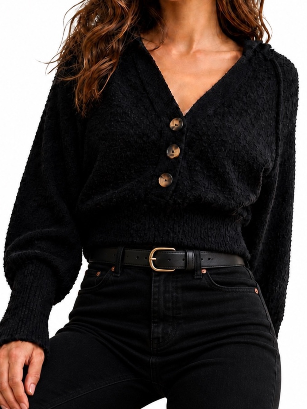Free People Black V-Neck Buttoned Textured Sweater
